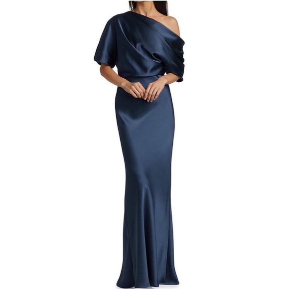 Amsale Pryce Off Shoulder Satin Column Gown Navy Size 20W NEW - Picture 1 of 15